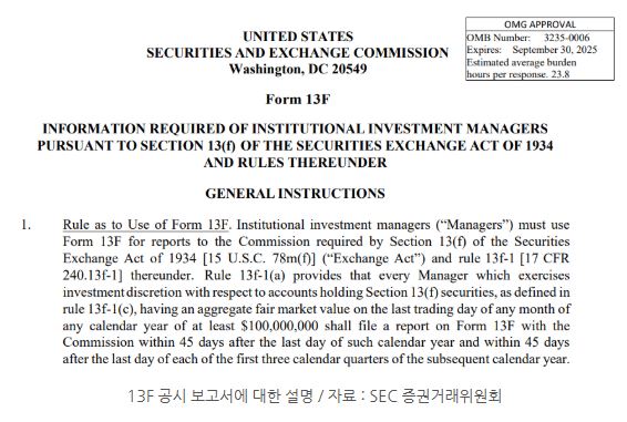 '13f' 공시 보고서에 대한 설명이 담긴 sec 증권거래위원회의 자료.